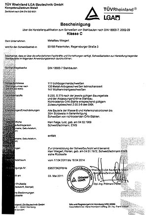 Metallbau Weigert - Zertifikat